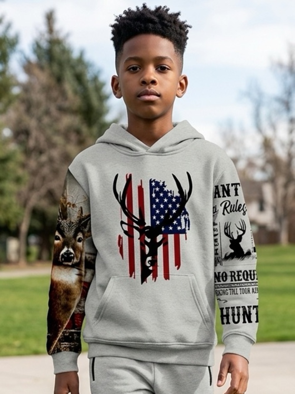 NWT Unisex Youth Kids Gray Graphic Hoodie Deer Head USA Flag Hunting - Size 9/10